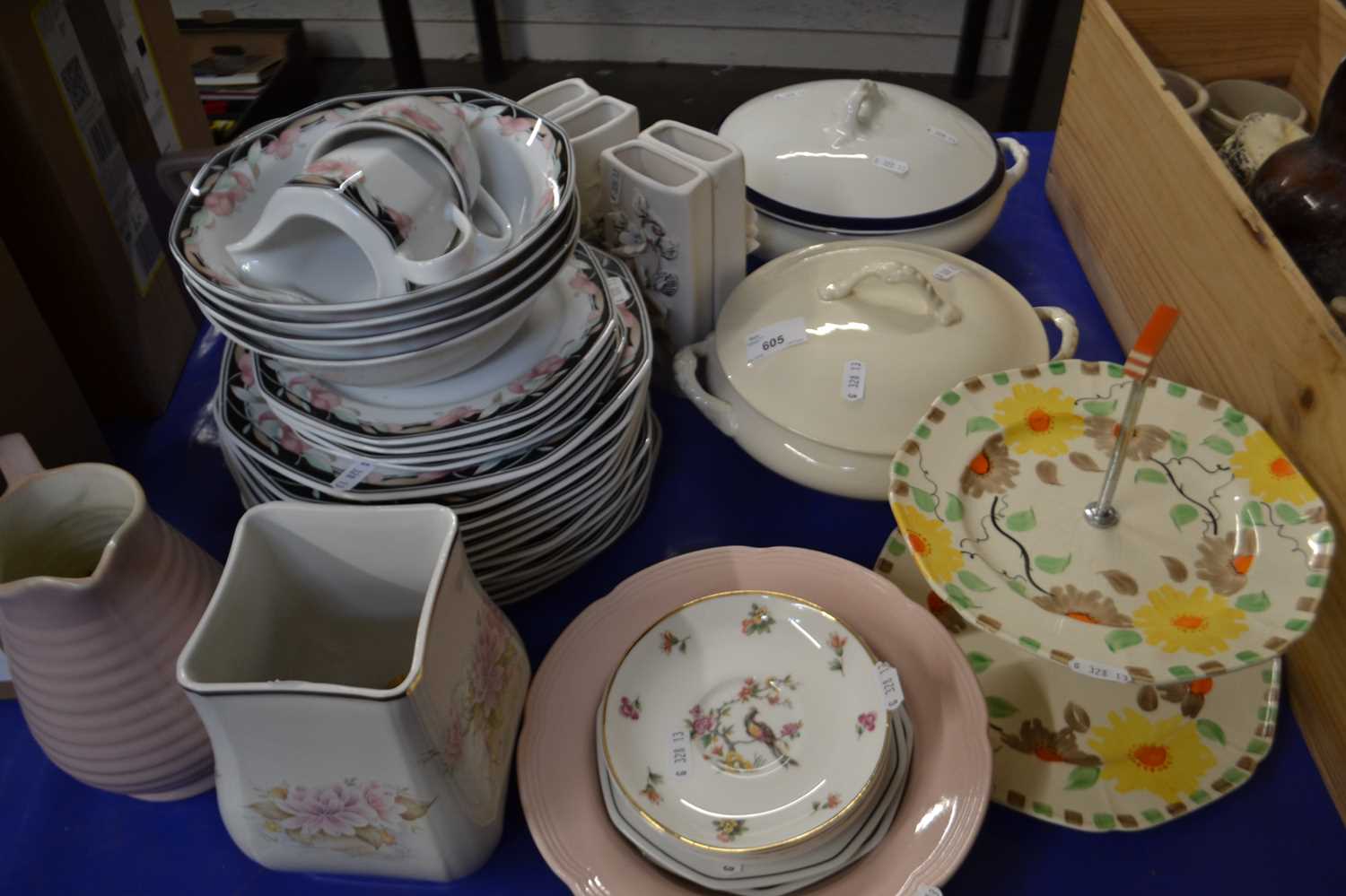 Mixed Lot: Winterling black and pink floral dinner wares, two tier Art Deco style cake stand,