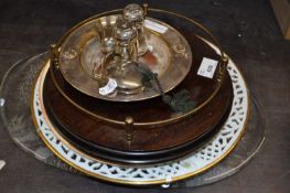 Decorative oval glass serving platter together with a German floral decorated charger and other