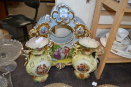 Ceramic clock garniture with transfer decorated and hand finished decoration with gilt trim together