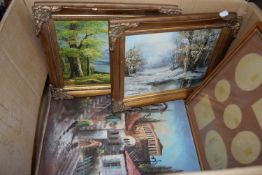 Two oil on canvas landscapes in gilt frames together with three other pictures (5)