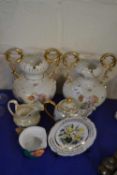 Pair of floral decorated and gilt trim vases together with a character jug and other ceramics