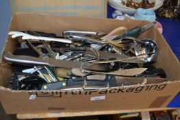 Box of assorted kitchen utensils, knives and other items