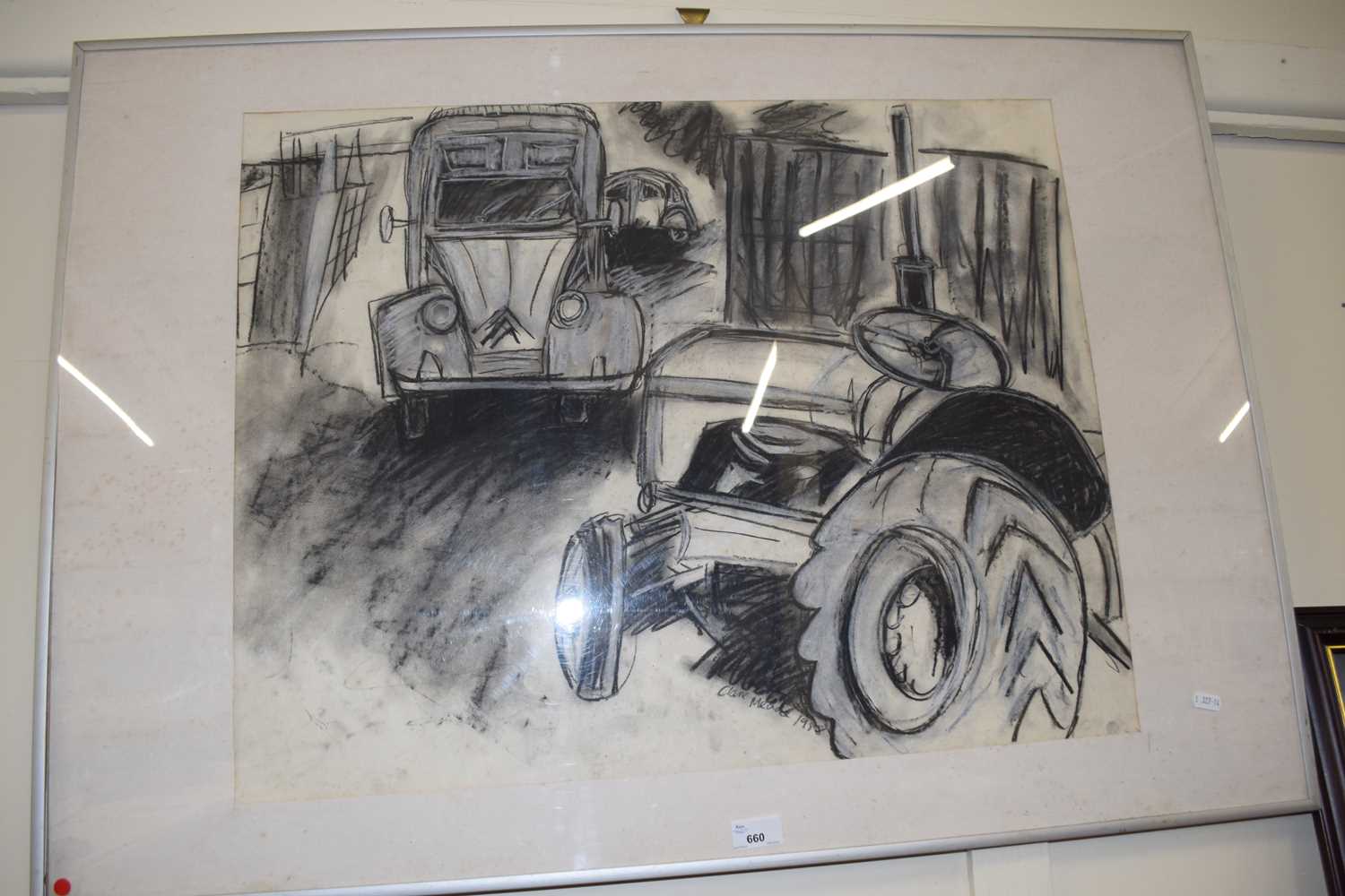 Charcoal study of a 2CV and a tractor by Clare Meade, 1988, framed and glazed