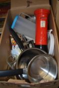 Quantity of assorted kitchen wares to include glass ware, mugs, post box money box and other items