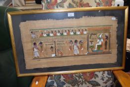 Egyptian papyrus hyroglific scene, framed and glazed