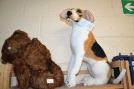 Two soft toys to include a large cuddly beagle and a brown teddy bear