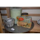 Pewter serving tray together with a quantity of aluminium jelly moulds, vintage tins etc