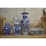 Mixed Lot: Blue and white ginger jars, blue and white vase and a trefoil style planter