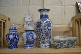 Mixed Lot: Blue and white ginger jars, blue and white vase and a trefoil style planter