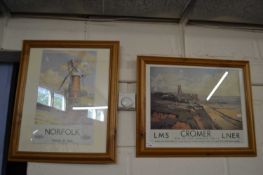 Two reproduction railway posters, one of Norfolk the other of Cromer, both glazed with pine frames