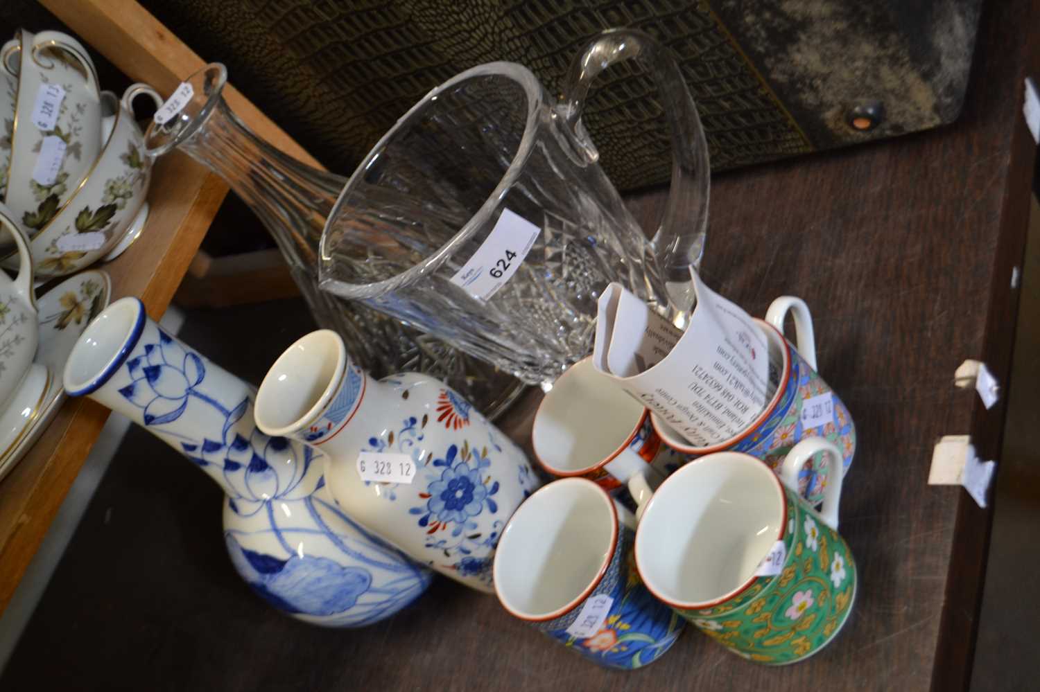 Mixed Lot : Glass decanter, jug, blue and white bottle vase, coffee cans etc