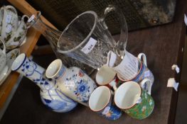 Mixed Lot : Glass decanter, jug, blue and white bottle vase, coffee cans etc