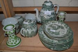 Quantity of green and white Japanese tea wares and a pair of similar dwarf candlesticks