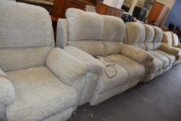 Beige textured chenille three piece suite consisting of three seater sofa, two seaater sofa and an