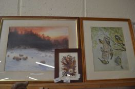 Mixed Lot: Study of blue tits on feeder together with coloured print of sheep and a dried flower