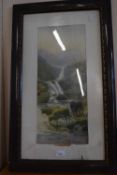 Reproduction print of Highland cattle by a waterfall, framed and glazed