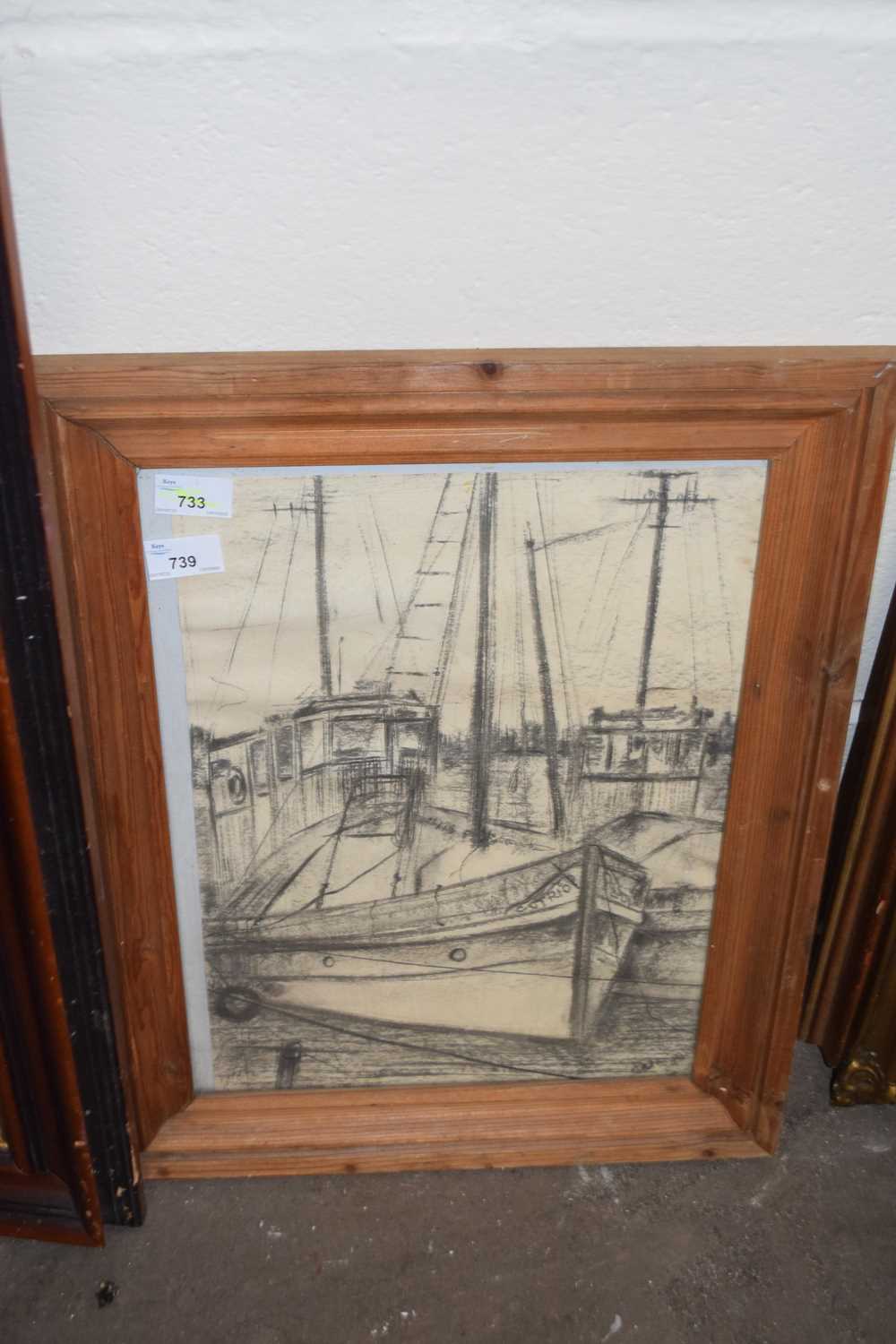 Charcoal study of fishing boats, framed and glazed