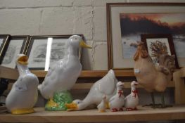 Three ceramic white ducks together with a pottery chicken and a pair of pottery salt and pepper