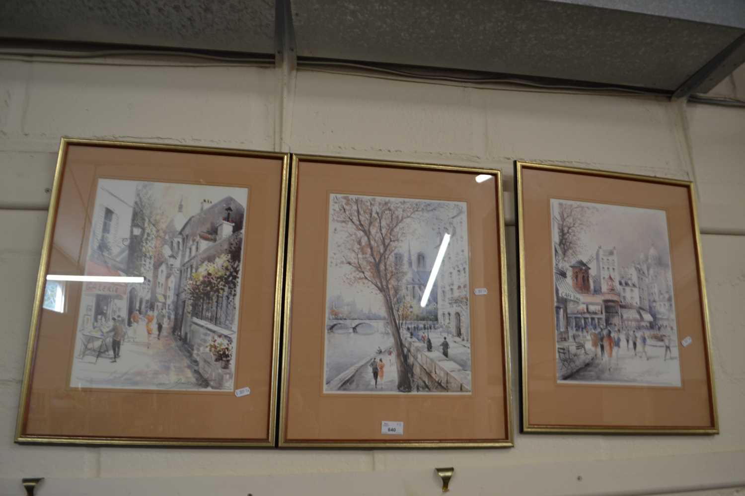 Set of three coloured prints, Parisian street scenes