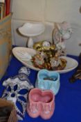 Mixed Lot: Ceramic wall pocket, oval miniatures, miniature shoes, candlestick holders etc