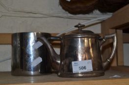 White metal ware teapot and a white metal WWII trench art trophy cup