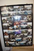 A framed photo montage of French automobiles, framed and glazed