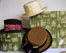 A quantity of ladies accessories, to include a cream silk hat by Genevieve Louis, a brown wool hat