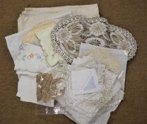 A box of assorted linens, napkins, handkerchiefs, haberdashers trimmings, etc
