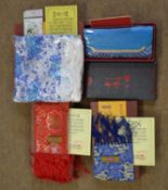 Three Chinese Yun Brocade silk scarves, in presentation boxes with certificates of authenticity,