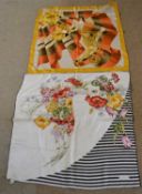Two ladies silk scarves, the first by Gucci with cream ground and black and white stripes and floral