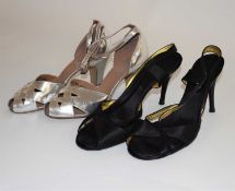 A pair of lady's black satin slingbacks by Donna Karen (worn by with original label to sole, RRP: £