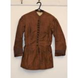 A lady's Victorian brown striped day jacket, with covered buttons and hook and eye fastening, turn