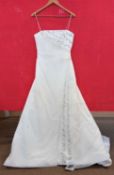 A cream satin wedding gown by Mon Cheri, with beaded side ruched bodice, beaded straps, chiffon