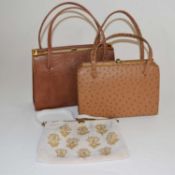 Three lady's handbags to include a pale tan ostrich leather bag, a tan leather handbag, and a