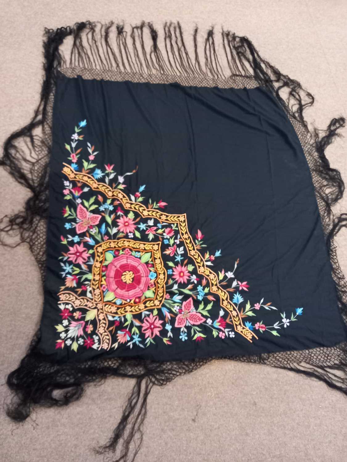 A black silk embroidered shawl, with central pink flower surrounded by floral border and further - Image 4 of 4