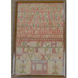 A needlework sampler, with rows of alphabetical letters and numerals, named 'Willam Crig, Susanna