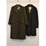 Two unisex overcoats, to include a green wool three button double breast coat with large patch