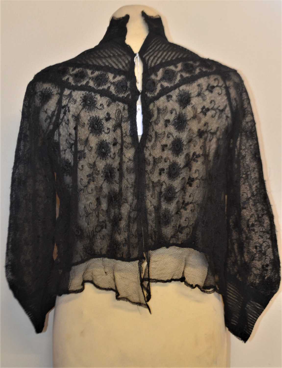 A late 19th / early 20th century black lace blouse, with high neck V-panelled front and all over - Image 2 of 6