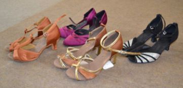 Four pairs of lady's professional dance shoes in satin and suede, all with suede soles, 3 pairs size