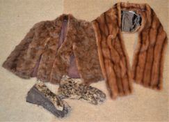 A brown fur stole, a brown fur shoulder cape and a pair of fur and leather gloves, (3)