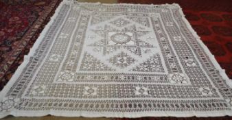 A white cotton drawn thread work table cloth, approx. 219 x 254cm