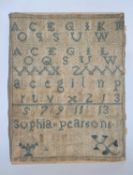 An early 19th needlework sampler, with alphabet and numerals, named 'sophia pearsons 1809', unframed