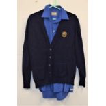 A gentleman's Burberrys navy blue lambswool cardigan with embroidered monogram to front, size 42",