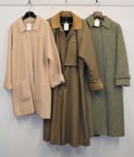 Three lady's coats, a green tweed wool coat by Alexon,with 5 button single breast and tie belt,
