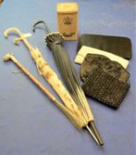 Three lady's evening bags, two umbrella's, a faux bamboo dog head shoe horn and a hand mirror