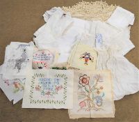 A quantity of assorted textiles to include crochet tablecloth, assorted linens, napkins,