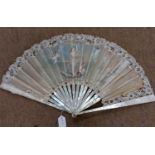A painted silk and lace fan, depicting the birth of Venus, signed 'Doyen', with mother-of-pearl