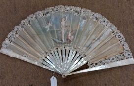 A painted silk and lace fan, depicting the birth of Venus, signed 'Doyen', with mother-of-pearl