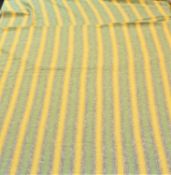 A length of green, grey and yellow striped Cotswold wool(?) fabric with raw edges, approx. 120cm