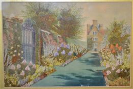 Two needlework pictures: a painted silk picture of a country house with floral embroidered